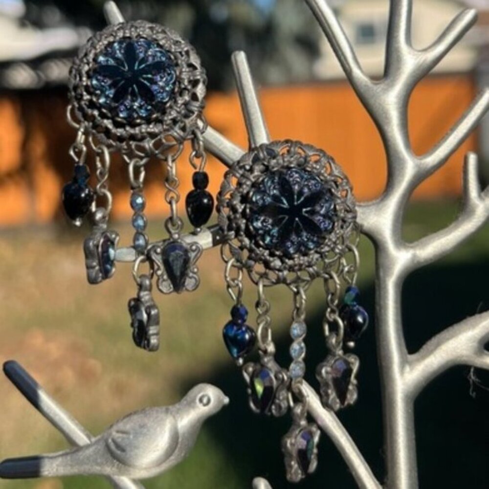Vintage Banana Bob Silver Blue Iridescent Stone Starfish Dangle Clip On Earrings - Picture 4 of 11